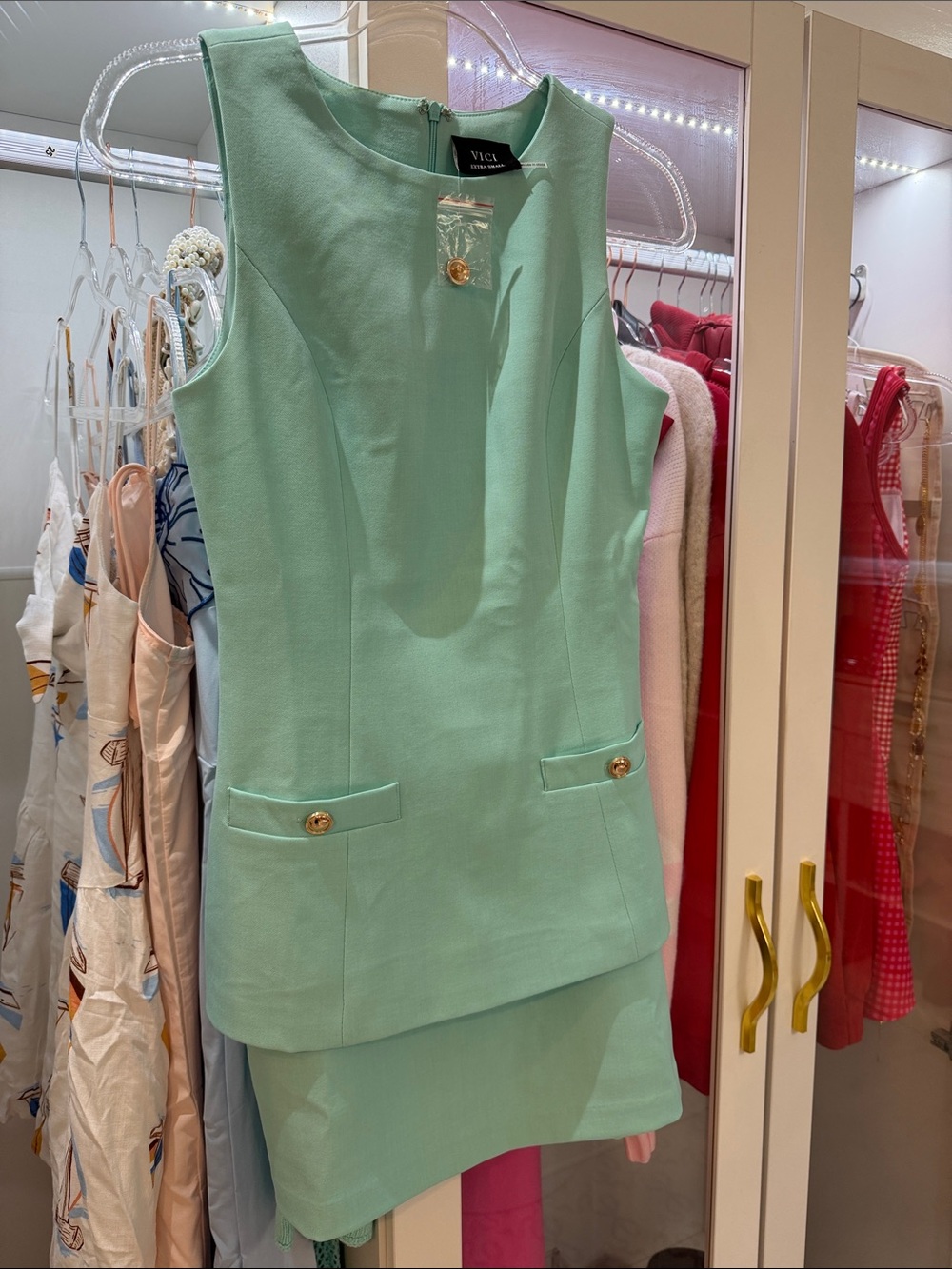 VICI Mint Green Sleeveless Shift Dress with Gold Buttons